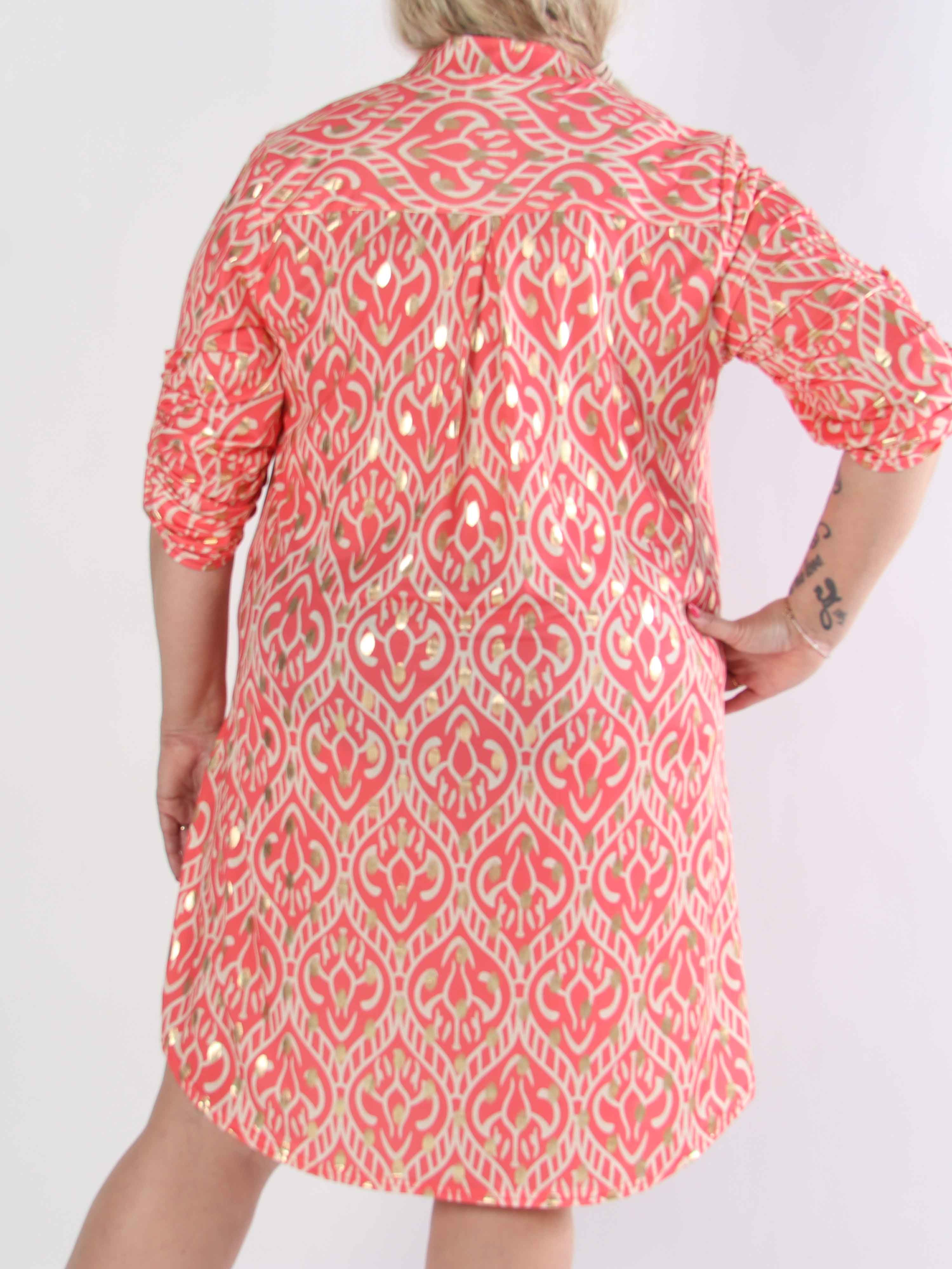 Ebba Boho Long - Elastisk plus size mønstret kjole med guld prikker